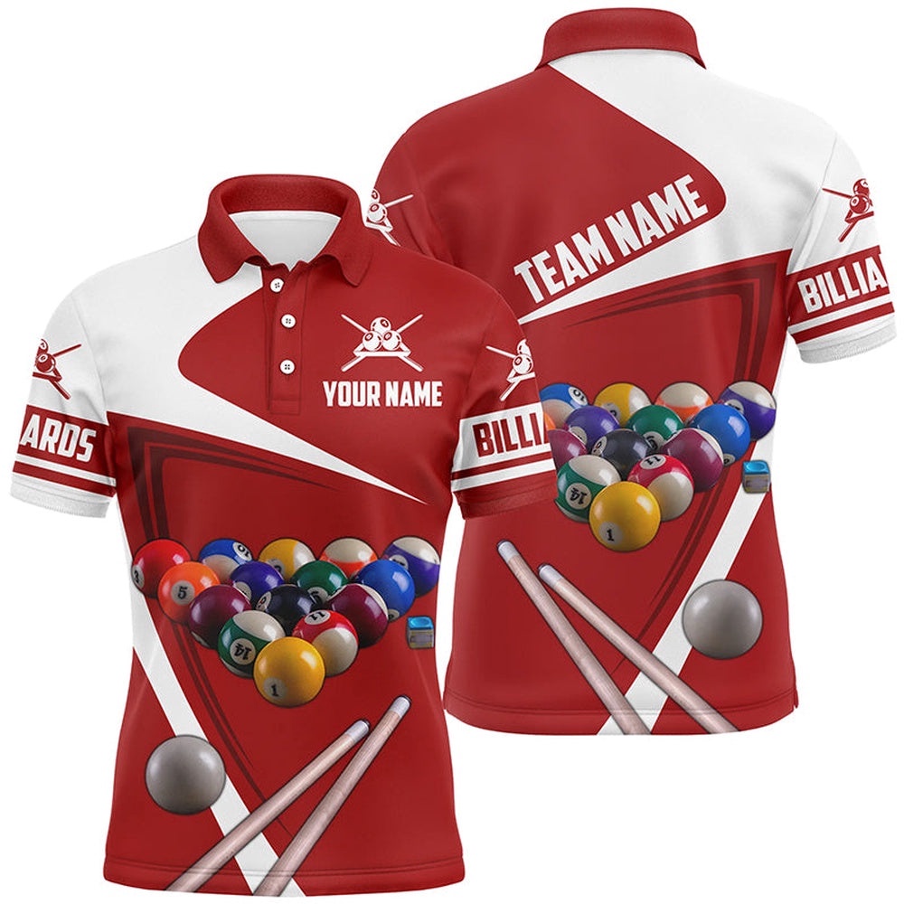 Red Billiard And Cue 3D Printed Polo Shirts Custom Billiard Team Uniform Shirts, Personalized Billiard Polo Shirt