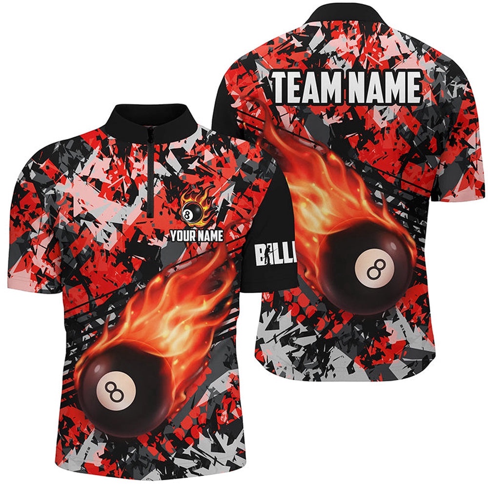 Red Billiard Ball 8 Fire Flame Jersey Shirts Custom 8 Ball Pool Billiard Jersey, Personalized Billiard Team Jersey Shirt