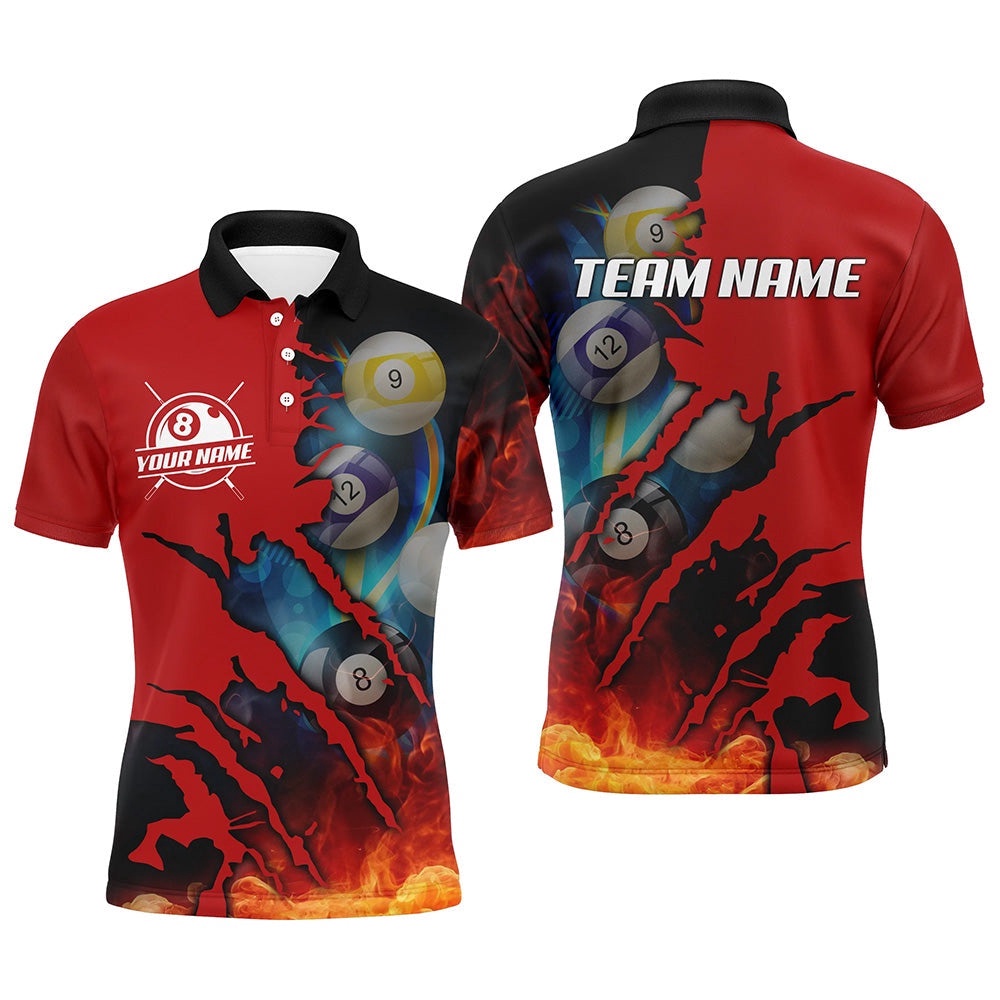 Red Billiard Balls Scratches 3D Fire Name Polo Shirts Custom Pool Player Shirts, Personalized Billiard Polo Shirt