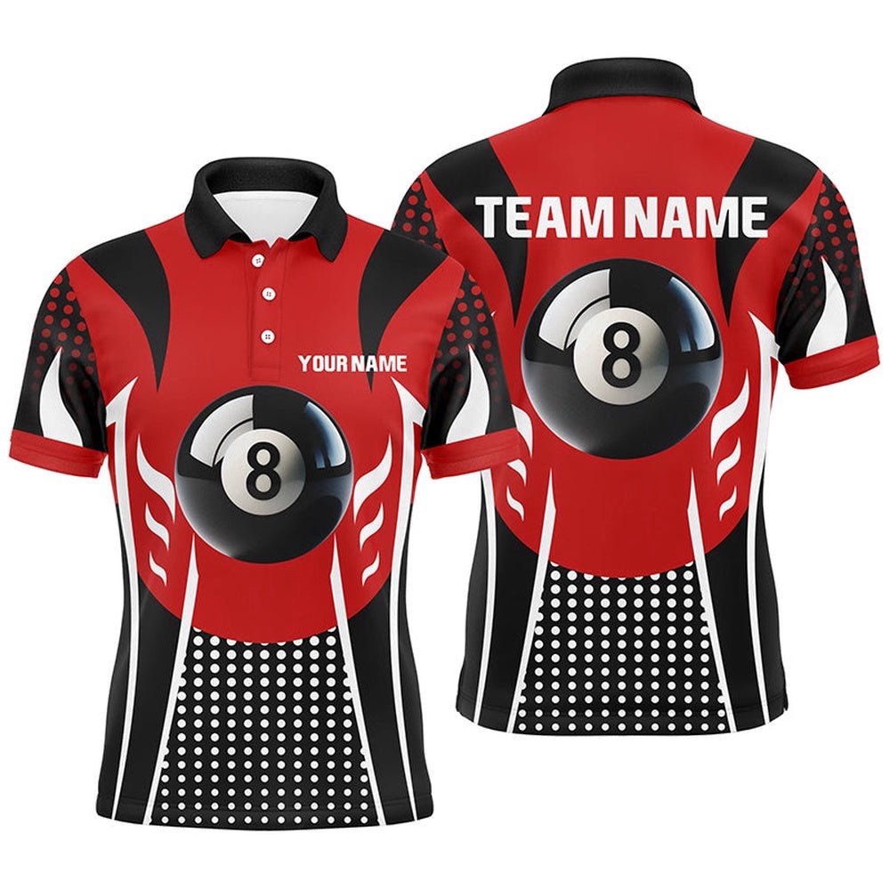 Red Black 8 Ball Billiard 3D Polo Shirts, Custom Billiards 8 Ball Pool Polo, Personalized Billiard Polo Shirt