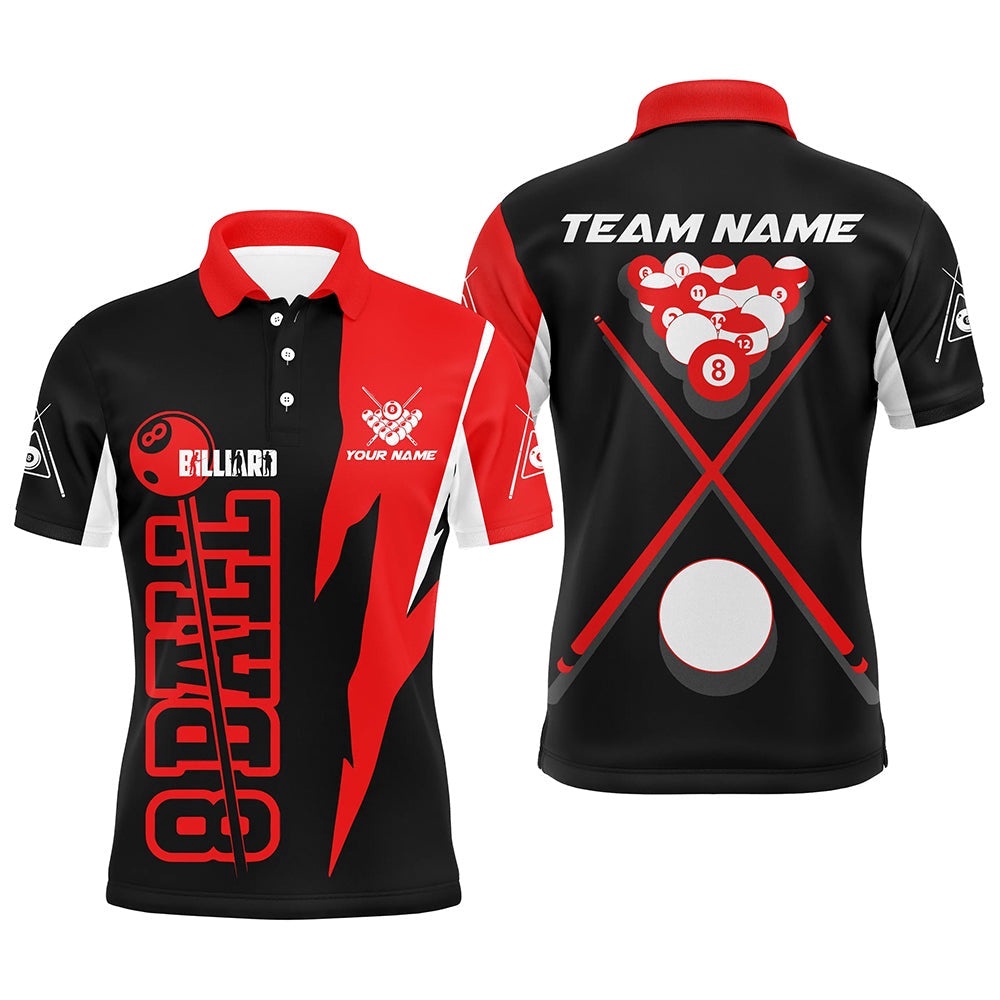 Red Black 8 Ball Pool Polo Shirts, Custom Billiard Balls 8 Ball Pool Polo, Personalized Billiard Polo Shirt