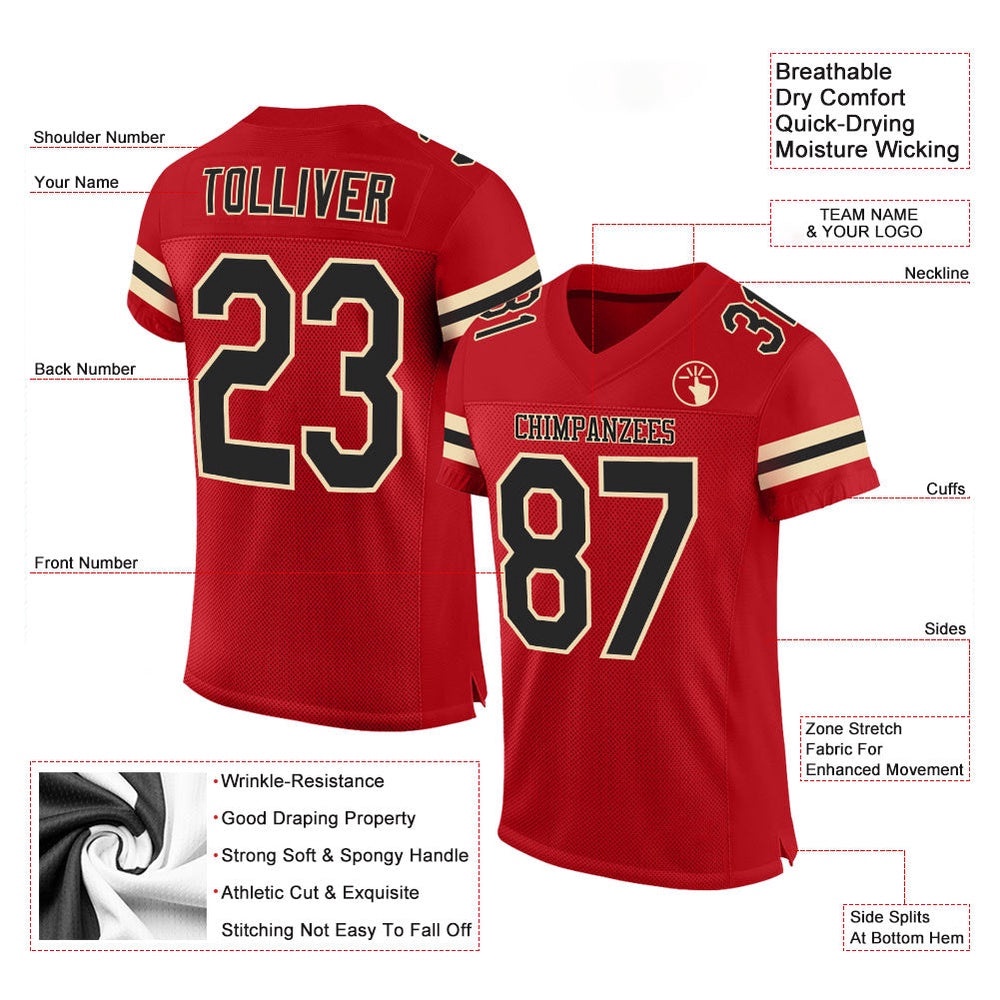 Red Black Cream Mesh Authentic Football Jersey, Personalized Football Jersey, Football Team Jersey, Football Outfits