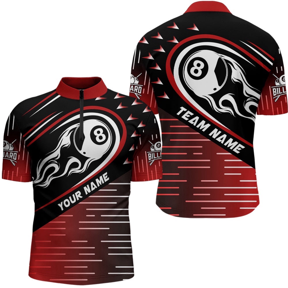 Red Black Flaming 8 Ball Jersey Shirts Best Custom Billiard Team Shirts, Personalized Billiard Team Jersey Shirt