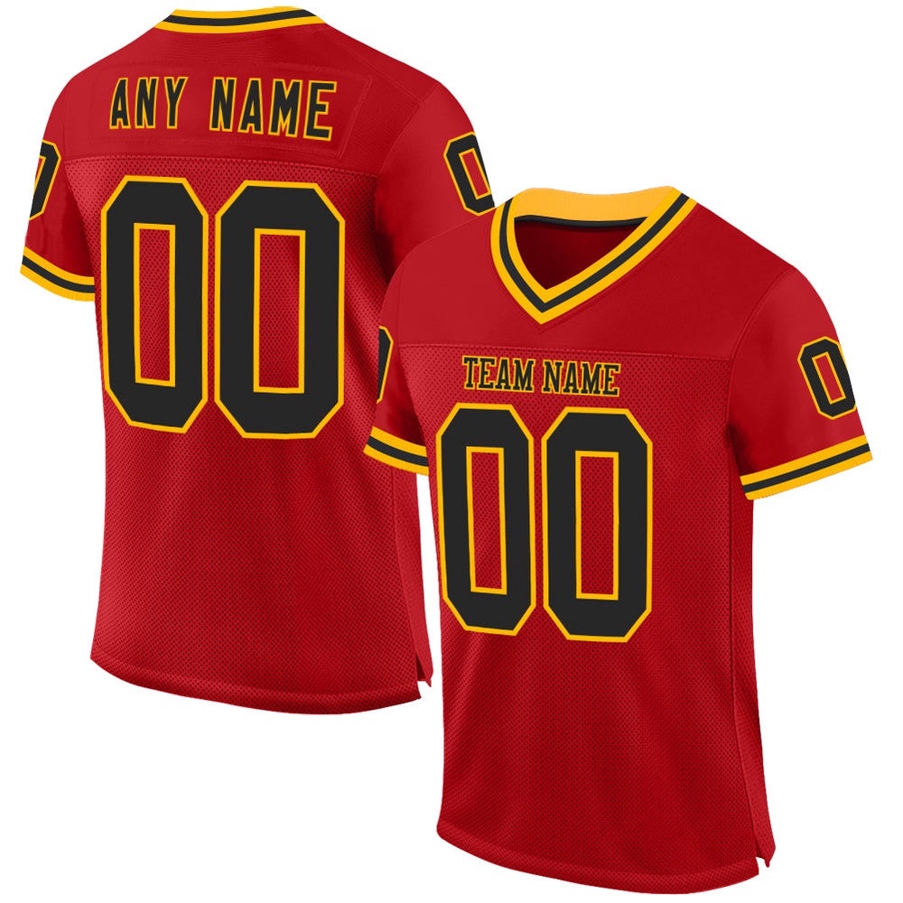 Red Black Gold Mesh Authentic Throwback Football Jersey, Personalized Football Jersey, Football Team Jersey, Football Outfits