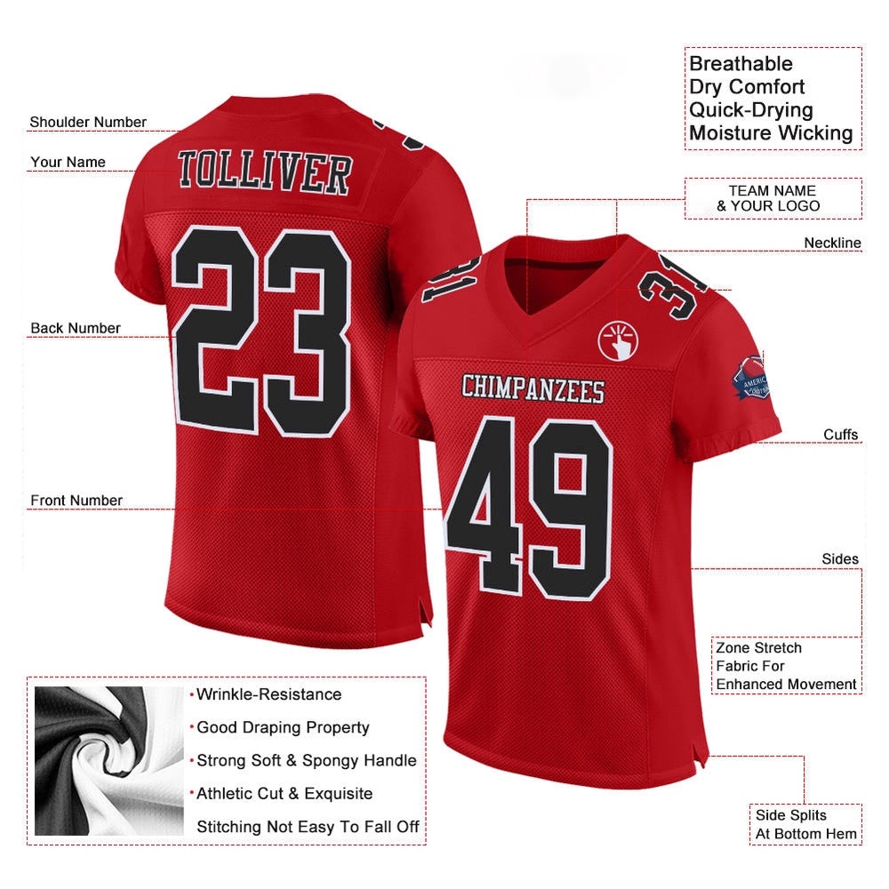 Red Black White Mesh Authentic Football Jersey, Personalized Football Jersey, Football Team Jersey, Football Outfits