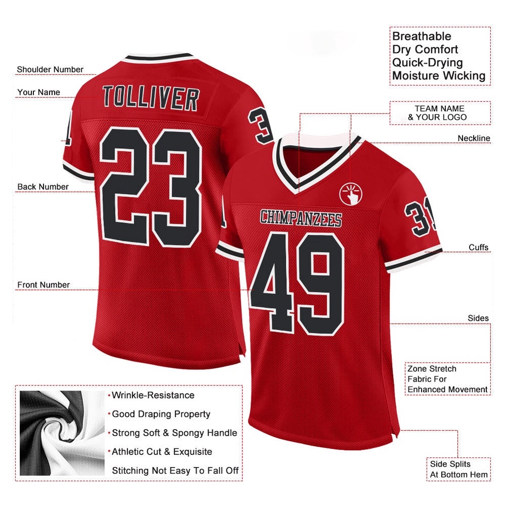Red Black White Mesh Authentic Throwback Football Jersey, Personalized Football Jersey, Football Team Jersey, Football Outfits