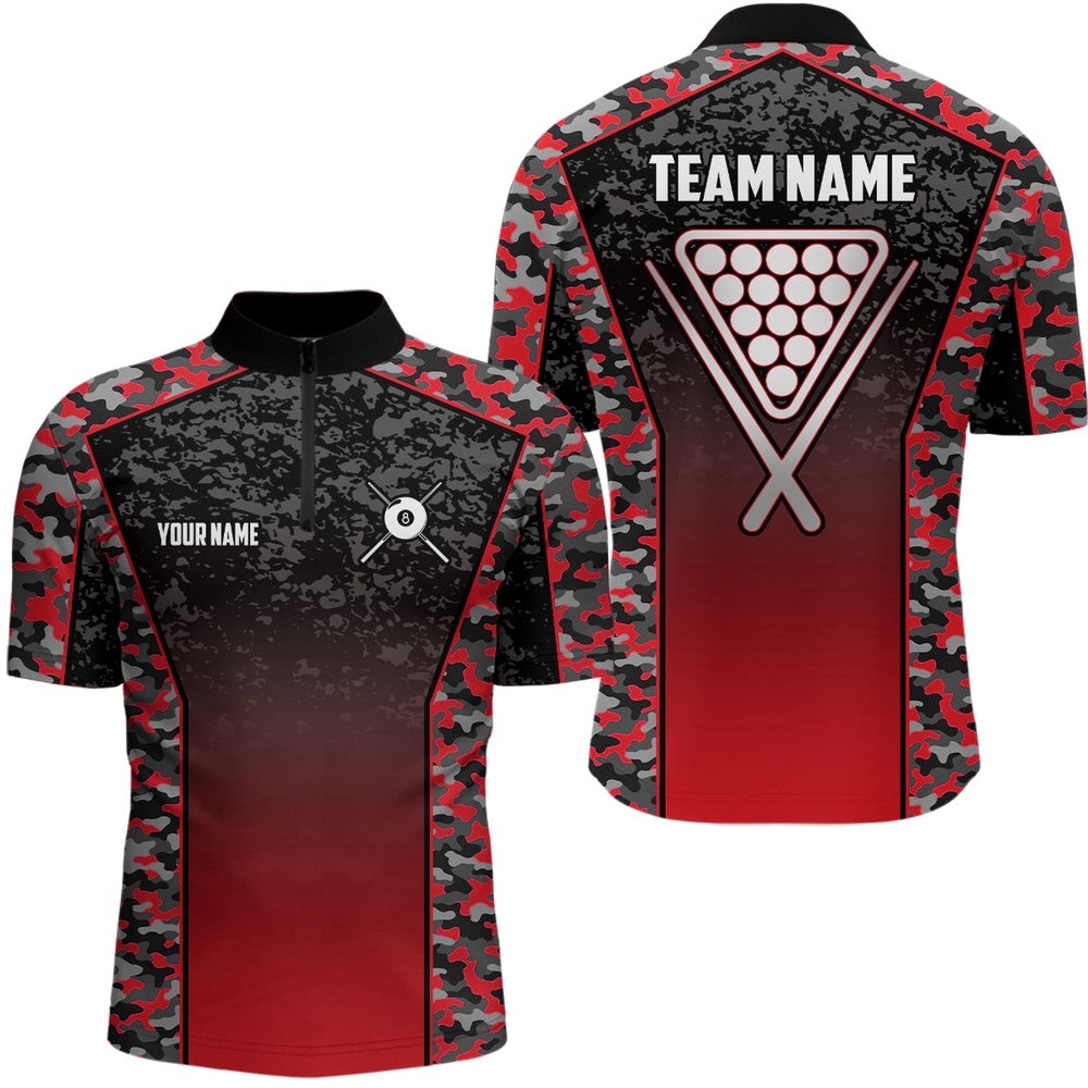 Red Camo 8 Ball Pool Jersey Shirts, Custom 8 Ball Billiard Balls Team Shirts, Personalized Billiard Team Jersey Shirt