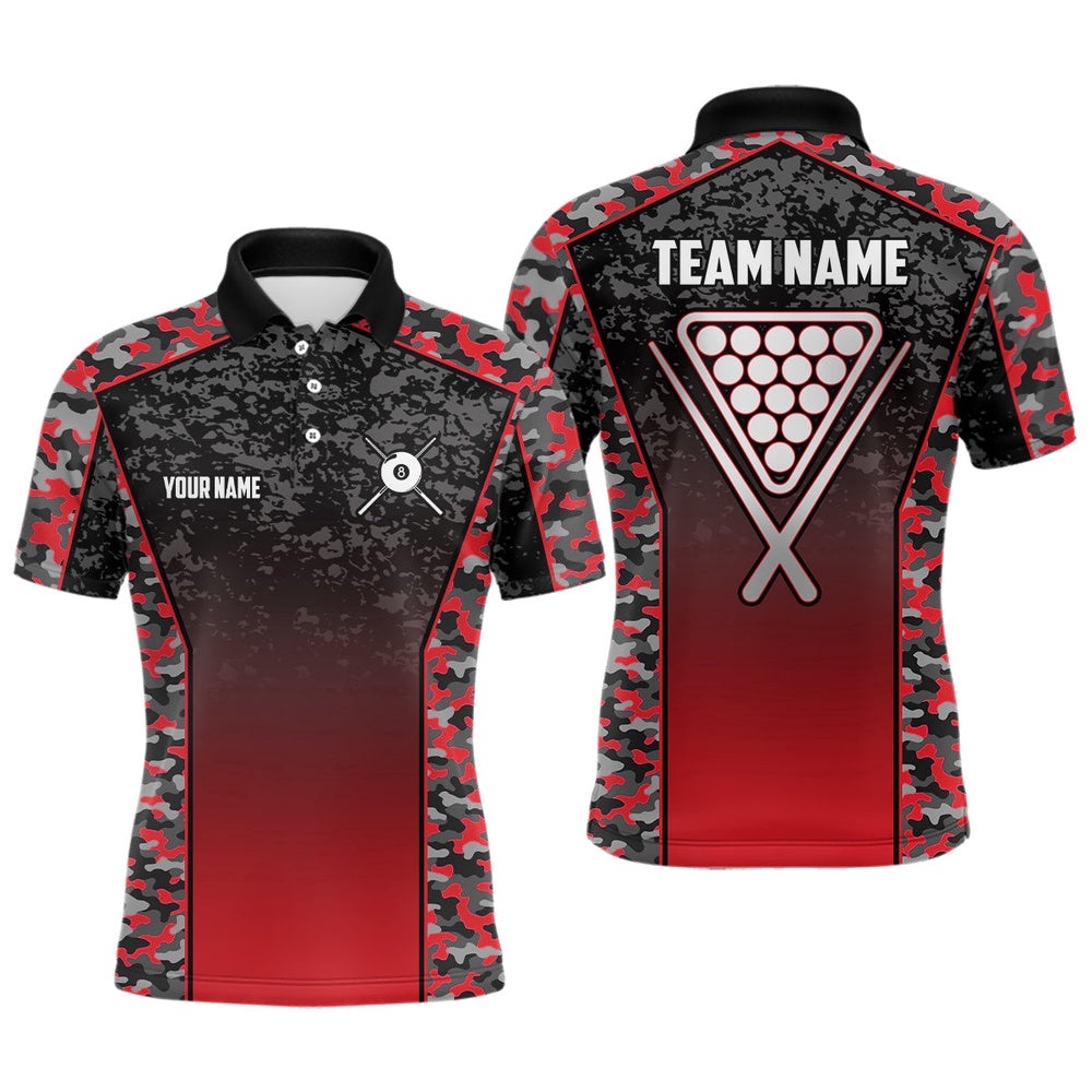 Red Camo 8 Ball Pool Polo Shirts, Custom 8 Ball Billiard Balls Team Shirts, Personalized Billiard Polo Shirt