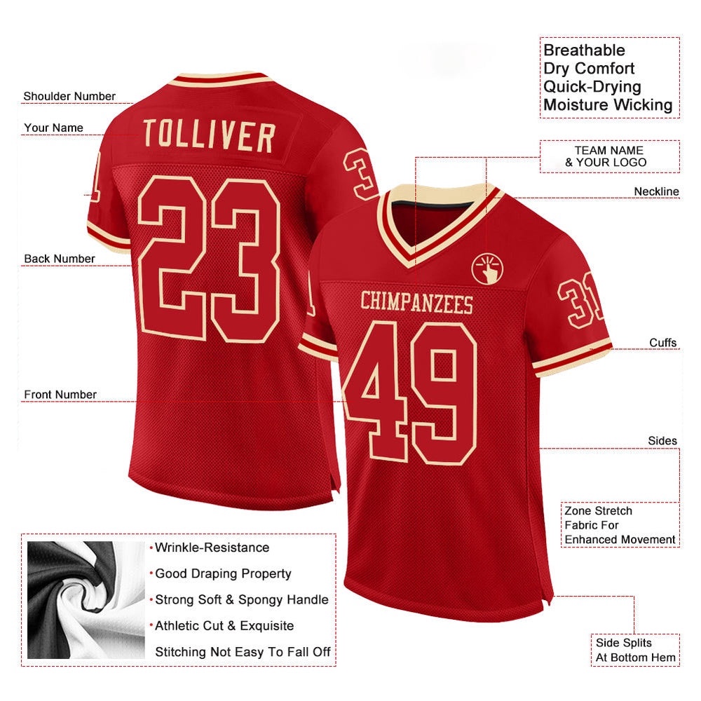 Red Cream Mesh Authentic Throwback Football Jersey, Personalized Football Jersey, Football Team Jersey, Football Outfits