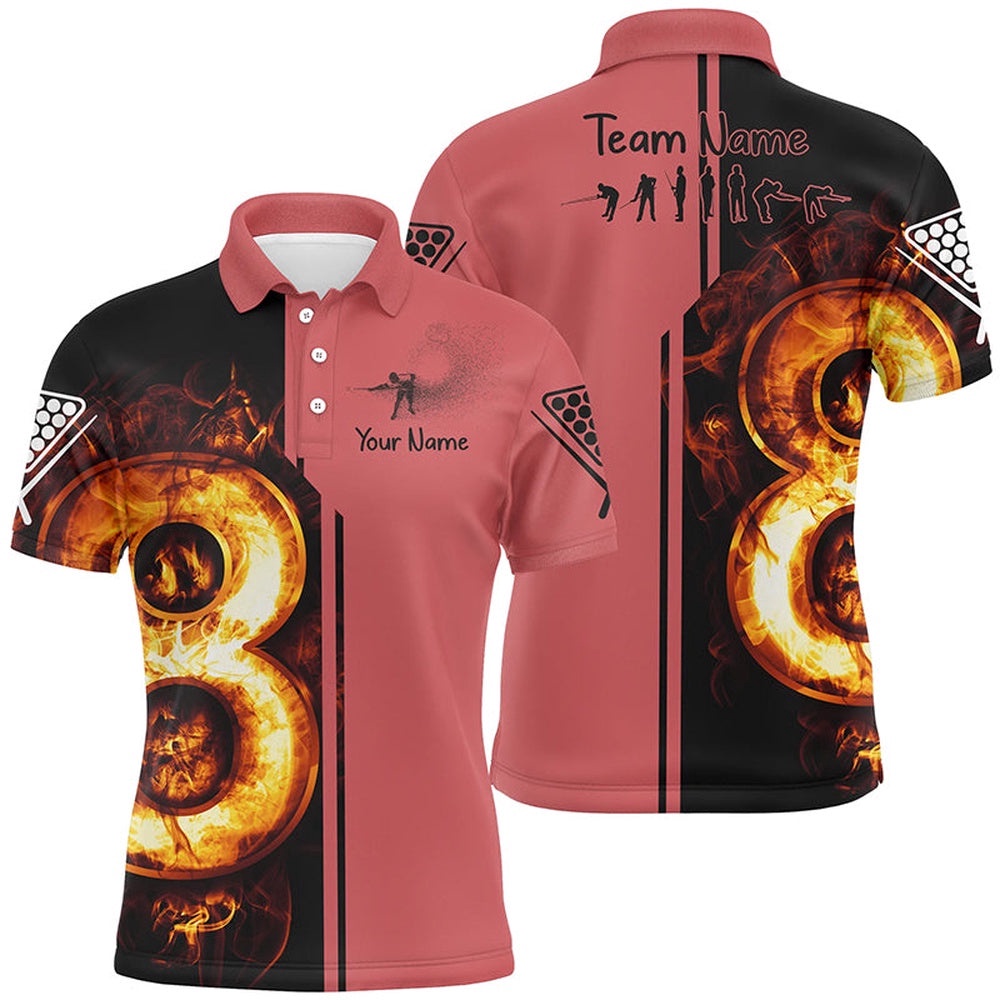 Red Fire 8 Pool Ball 3D Polo Shirts, Unique Gifts For Billiard Players, Personalized Billiard Polo Shirt