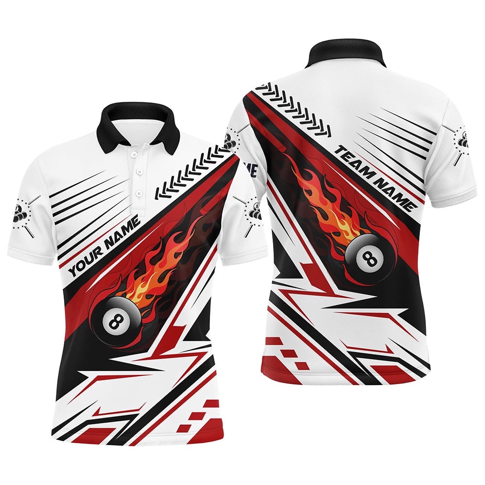 Red Flaming 8 Ball Billiard Polo Shirts Custom Billiard Pool Team Polo Shirts, Personalized Billiard Polo Shirt
