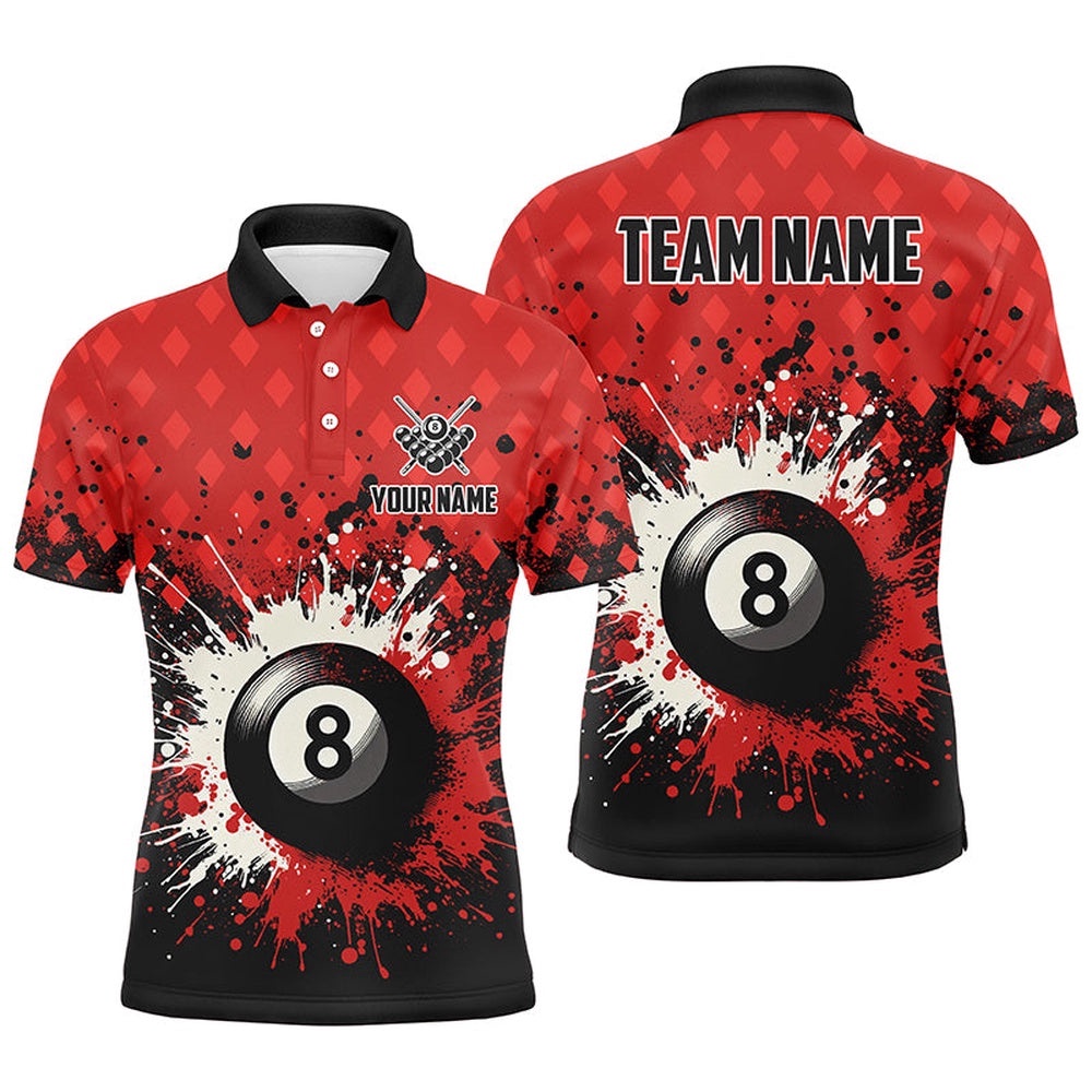 Red Grunge 8 Ball Pool Billiards Polo Shirts Custom Billiard Team Polo Uniform, Personalized Billiard Polo Shirt
