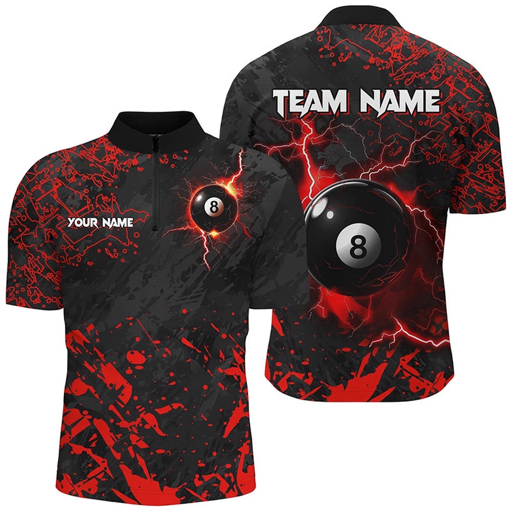Red Grunge 8 Ball Pool Thunder Lightning Jersey Shirts Custom Team League Billiard Jersey Attire, Personalized Billiard Team Jersey Shirt
