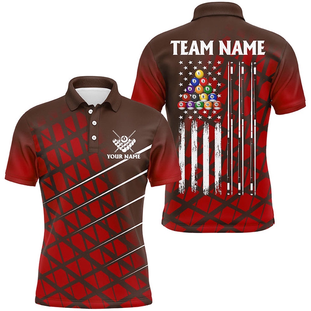 Red Grunge American Flag Billiard Shirt Custom Patriotic Pool Player Polo Shirts, Personalized Billiard Polo Shirt