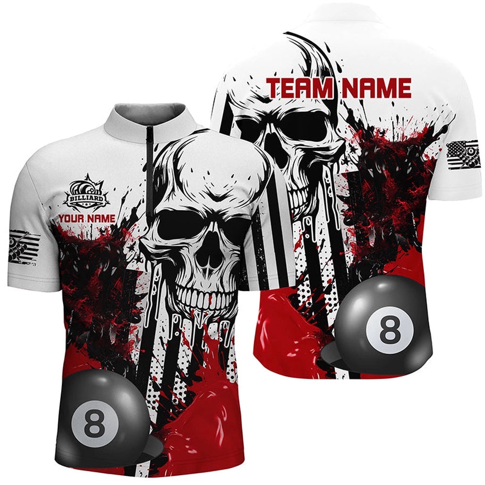 Red Grunge Skull Billiards Shirts Custom Retro Billiard Team Jerseys Attire, Personalized Billiard Team Jersey Shirt