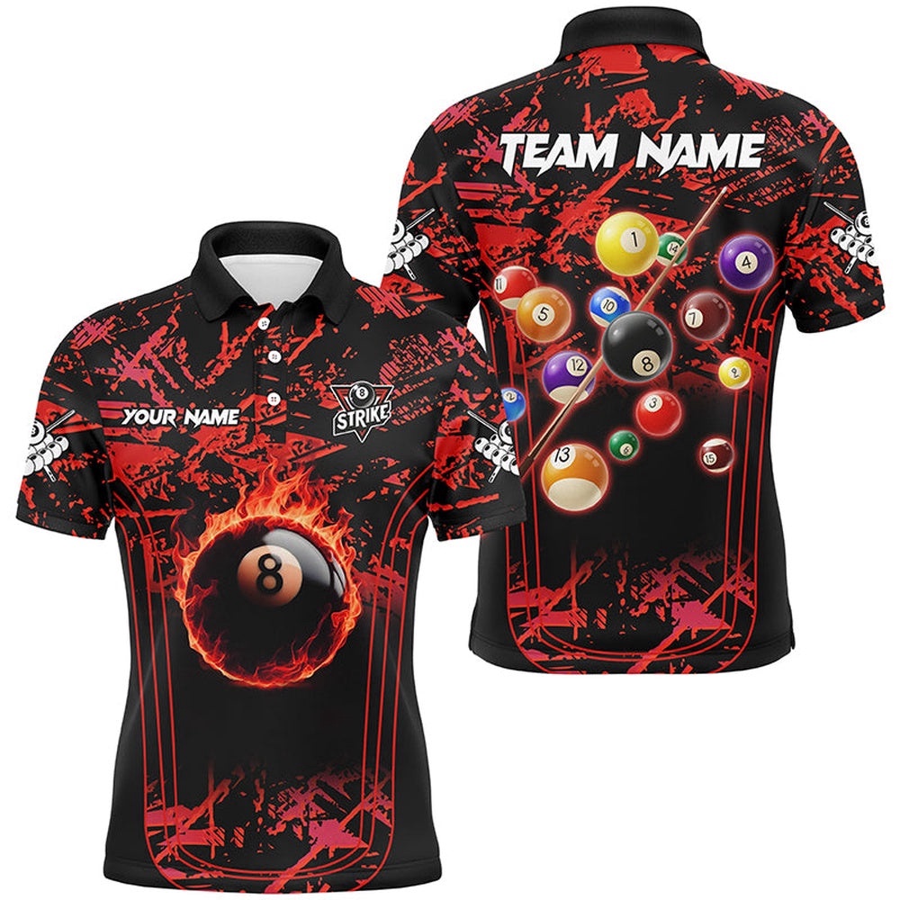 Red Grunge Strike 8 Ball Pool Fire Custom Polo & Polo Shirt, Billiard Balls Team Polo, Personalized Billiard Polo Shirt