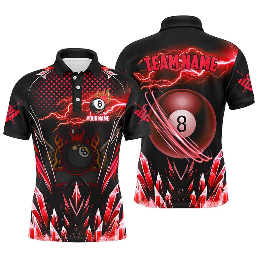 Red Icy Lightning 8 Ball Pool Polo Shirts Custom Billiard Team League Polo, Personalized Billiard Polo Shirt
