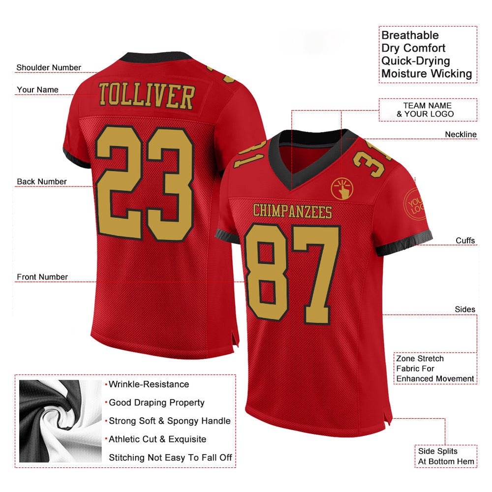 Red Old Gold Black Mesh Authentic Football Jersey, Personalized Football Jersey, Football Team Jersey, Football Outfits