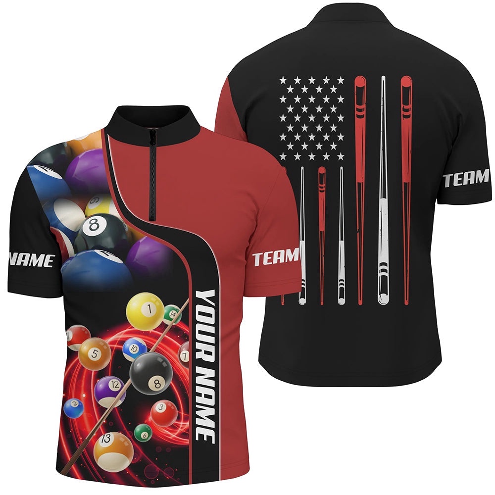 Red Pool Balls 3D Jersey Shirts Custom US Flag Sticks Billiard Jerseys, Personalized Billiard Team Jersey Shirt
