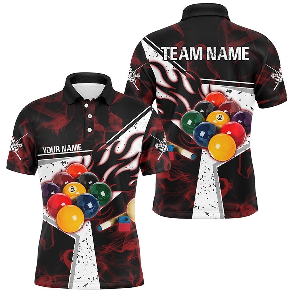 Red Smoke Billiard Polo Polo Shirts, 3D Billiard Balls Custom Pool Player Shirts, Personalized Billiard Polo Shirt