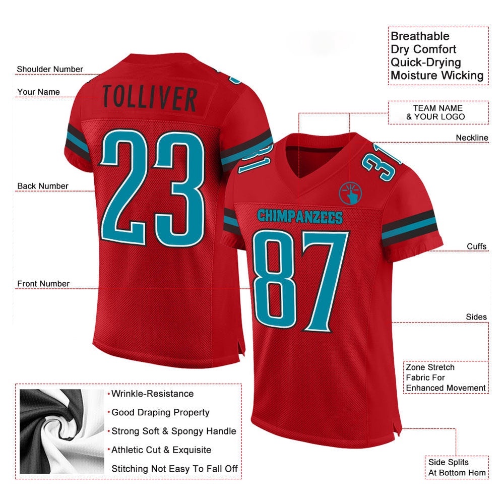 Red Teal Black Mesh Authentic Football Jersey, Personalized Football Jersey, Football Team Jersey, Football Outfits