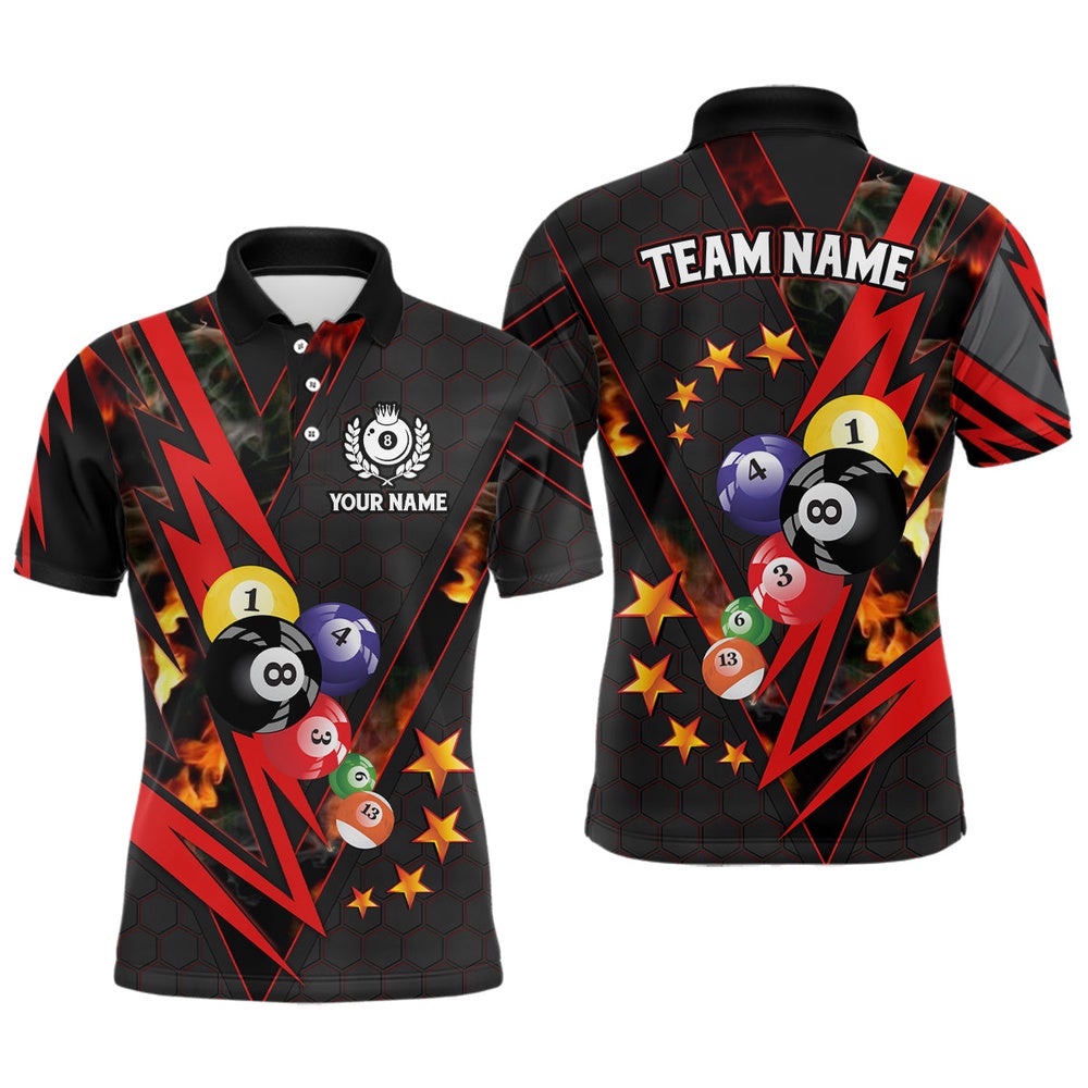 Red Thunder Billiard Balls 3D Polo Shirts Custom Team Name Billiard Polo, Personalized Billiard Polo Shirt