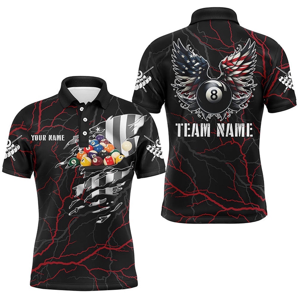 Red Thunder US Flag Billiard Balls 3D Polo Shirts Billiard 8 Ball Wings Polo, Personalized Billiard Polo Shirt