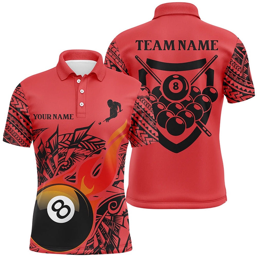 Red Tribal 8 Ball Flame Billiard 3D Polo Shirts, Custom Billiard Team Shirts, Personalized Billiard Polo Shirt