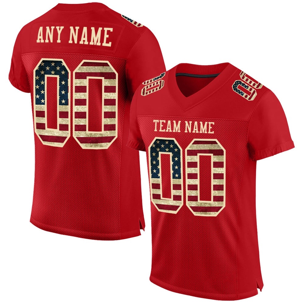 Red Vintage USA Flag City Cream Mesh Authentic Football Jersey, Personalized Football Jersey, Football Team Jersey, Football Outfits