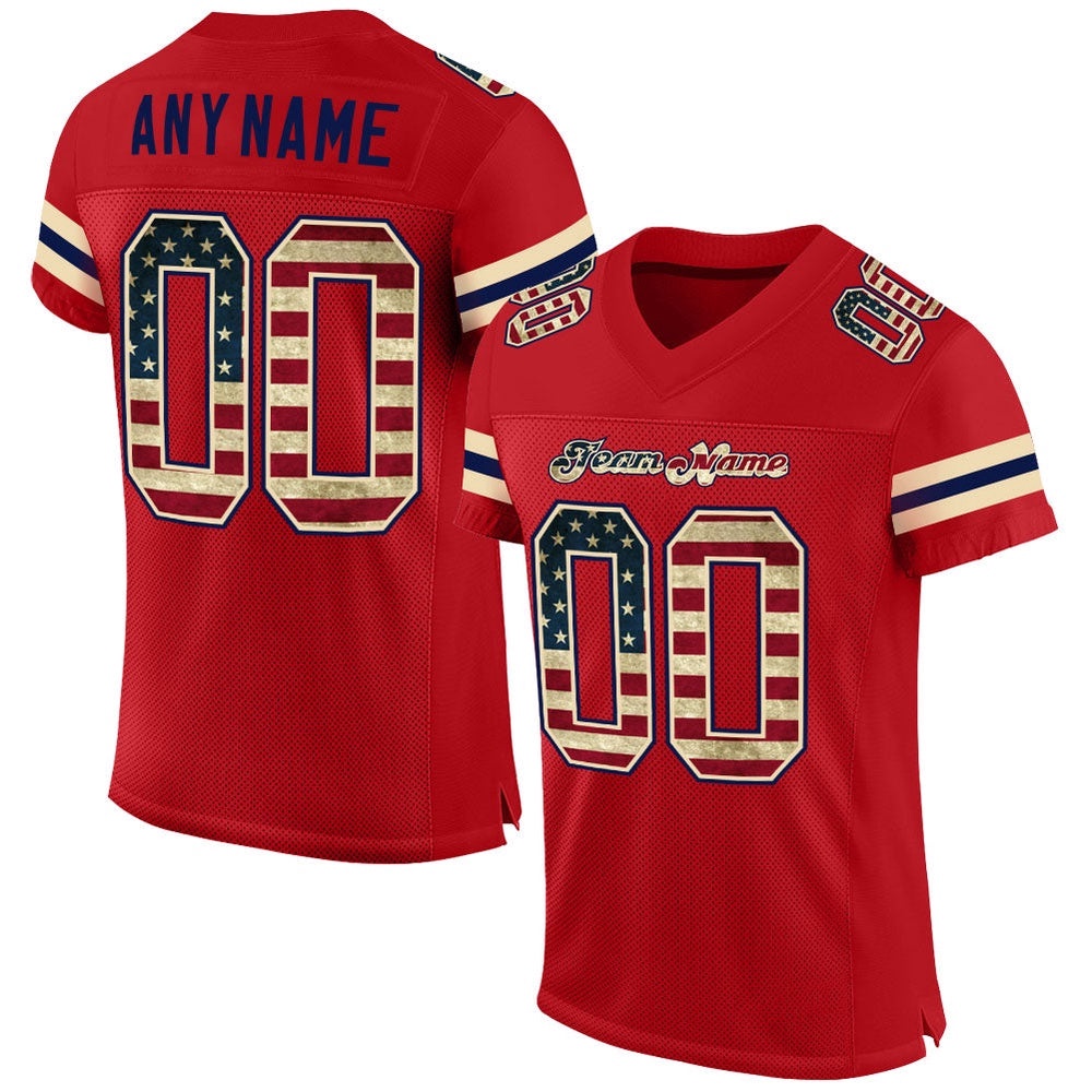 Red Vintage USA Flag Cream Mesh Authentic Football Jersey, Personalized Football Jersey, Football Team Jersey, Football Outfits