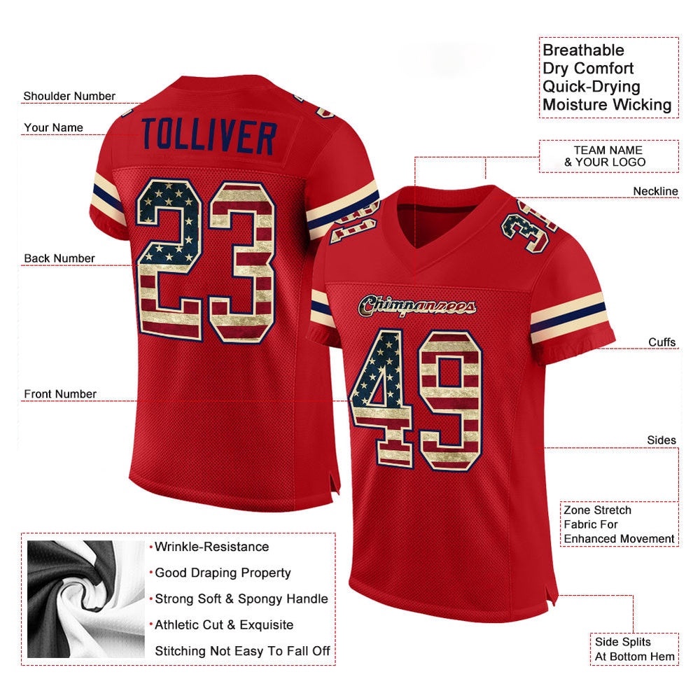 Red Vintage USA Flag Cream Mesh Authentic Football Jersey, Personalized Football Jersey, Football Team Jersey, Football Outfits