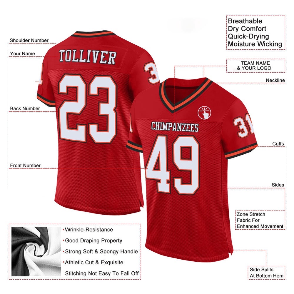Red White Orange Mesh Authentic Throwback Football Jersey, Personalized Football Jersey, Football Team Jersey, Football Outfits