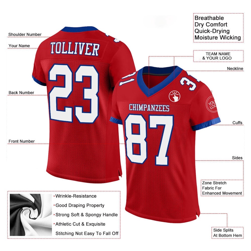 Red White Royal Mesh Authentic Football Jersey, Personalized Football Jersey, Football Team Jersey, Football Outfits
