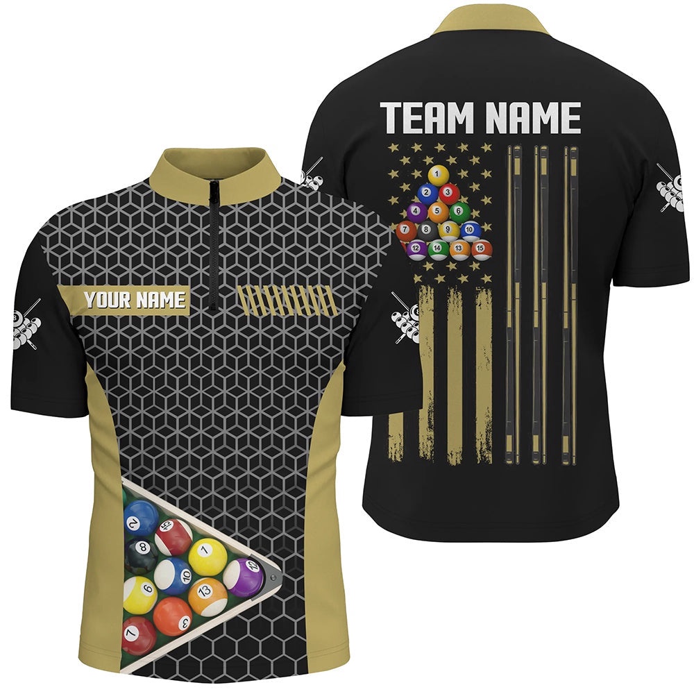 Retro American Flag Billiard Pool Shirts Custom Yellow Black Billiard Jerseys, Personalized Billiard Team Jersey Shirt