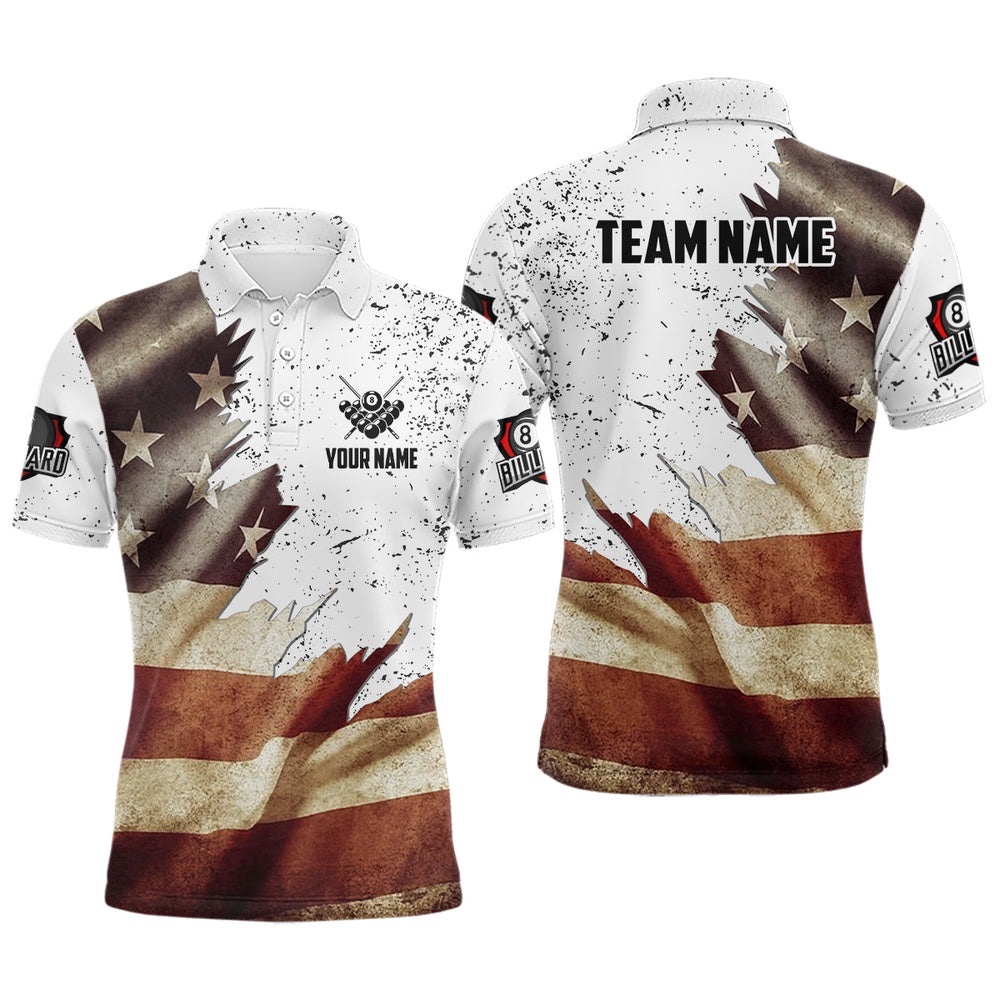 Retro American Flag Billiards Team Shirts, Personalized Billiard Polo Shirt