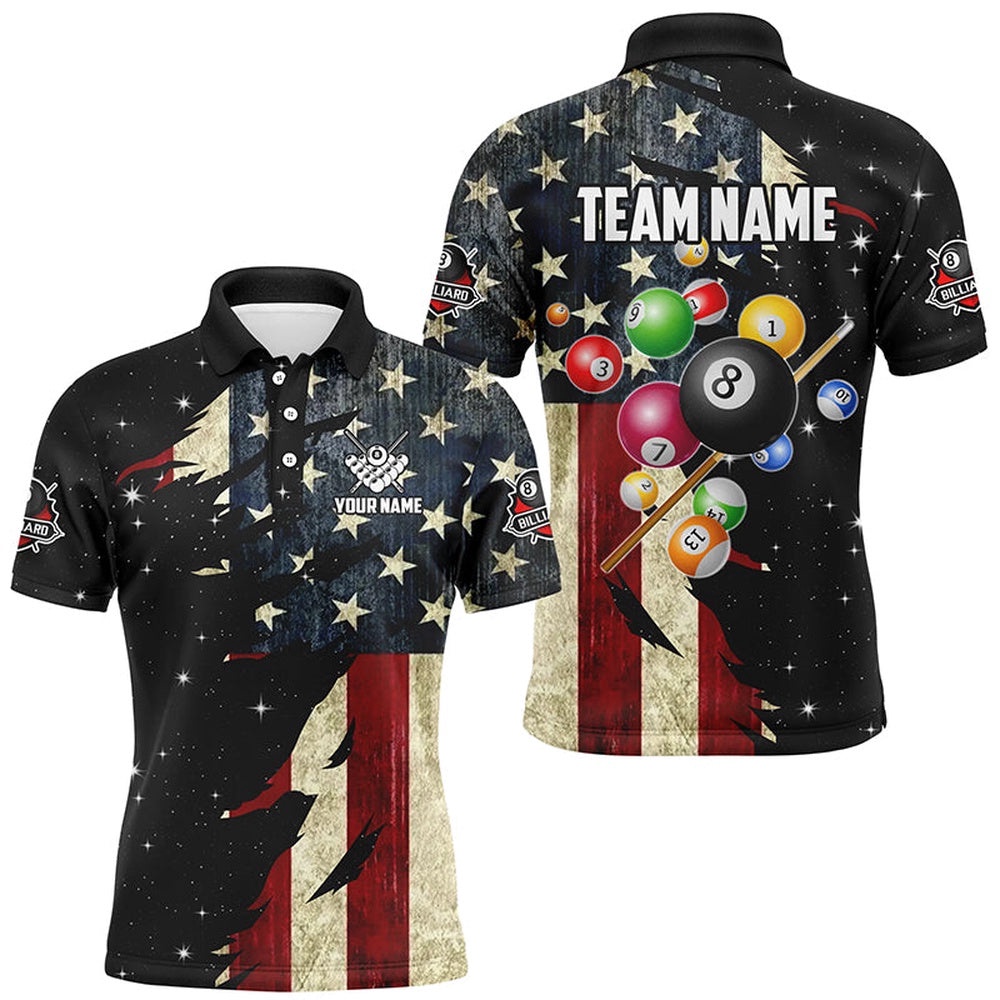Retro American Flag Dark Galaxy Custom Billiard Balls Pool Shirt, Patriotic Billiard Shirts, Personalized Billiard Polo Shirt