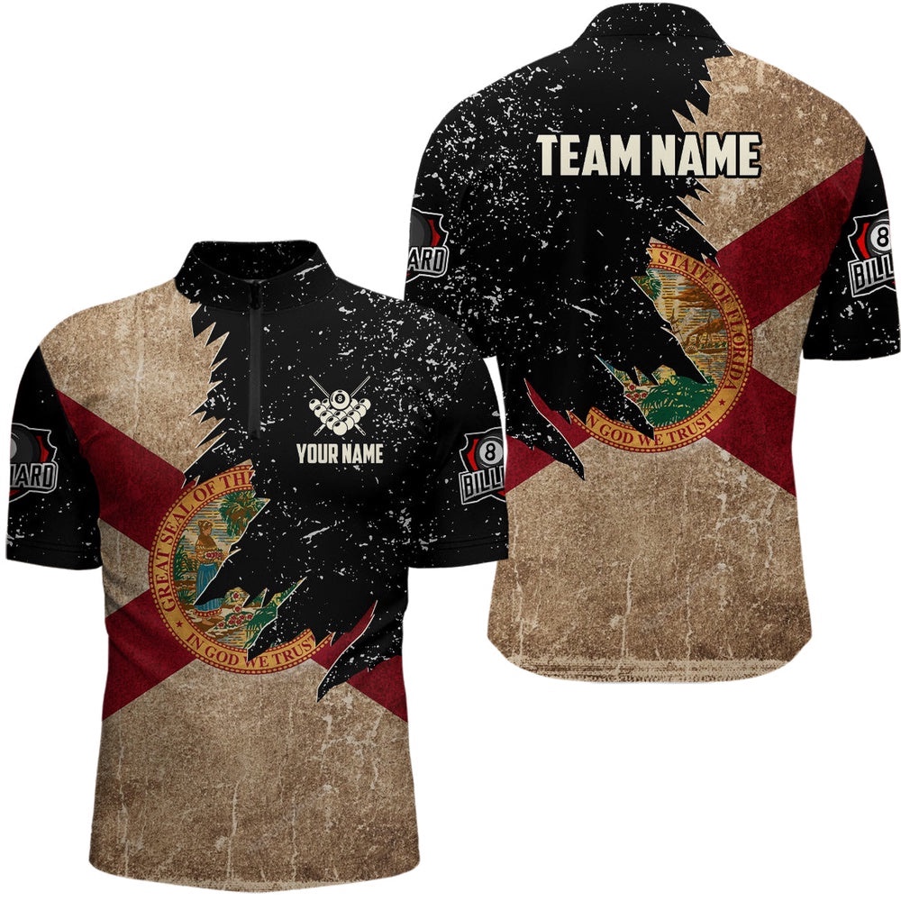Retro Florida Flag Billiard Pool Shirts Custom Patriotic Billiard Jerseys Uniform, Personalized Billiard Team Jersey Shirt