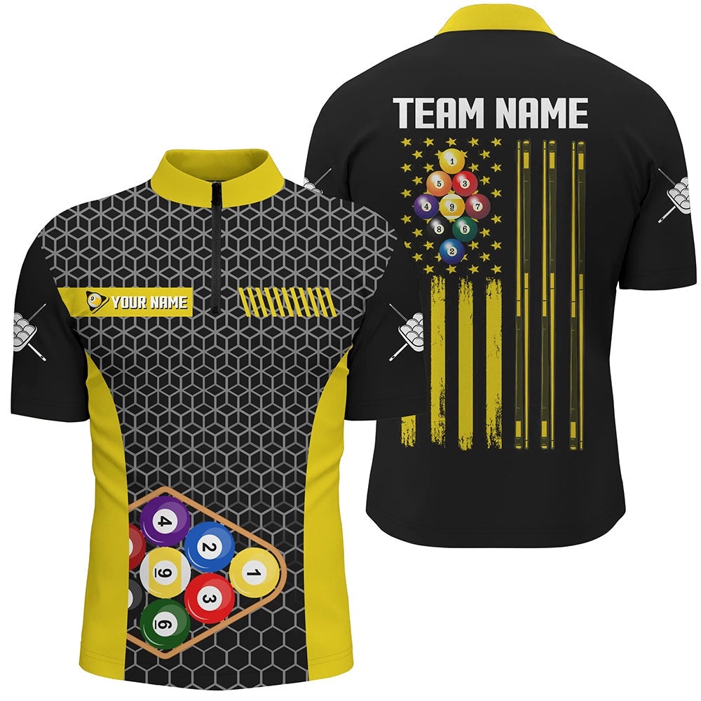 Retro US Flag 9 Ball Pool Billiard Shirts Custom Yellow Black Billiard Jerseys, Personalized Billiard Team Jersey Shirt