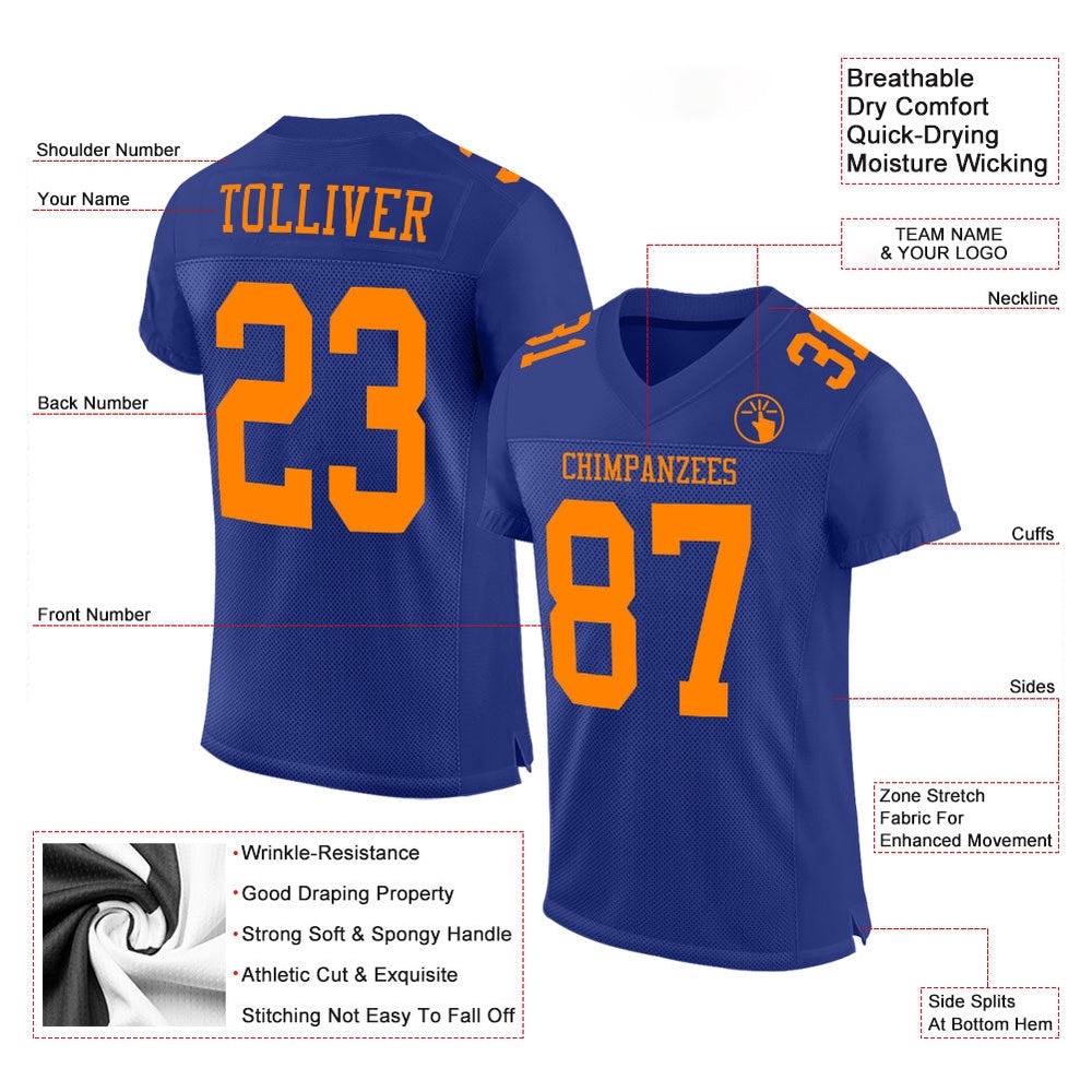 Royal Bay Orange Mesh Authentic Football Jersey, Personalized Football Jersey, Football Team Jersey, Football Outfits