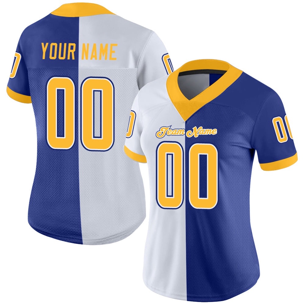 Royal Gold White Mesh Split Fashion Football Jersey, Personalized Football Jersey, Football Team Jersey, Football Outfits