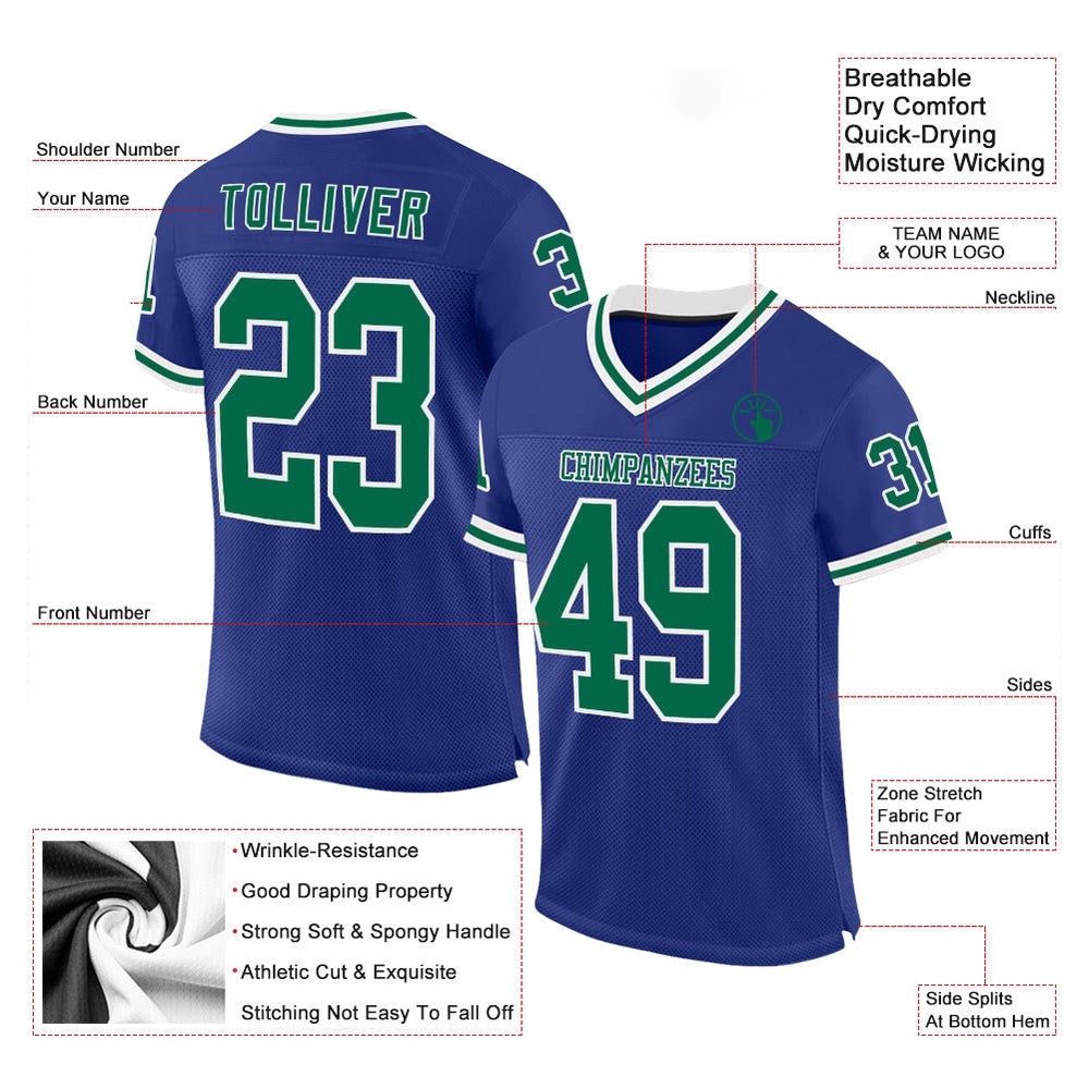 Royal Kelly Green White Mesh Authentic Throwback Football Jersey, Personalized Football Jersey, Football Team Jersey, Football Outfits