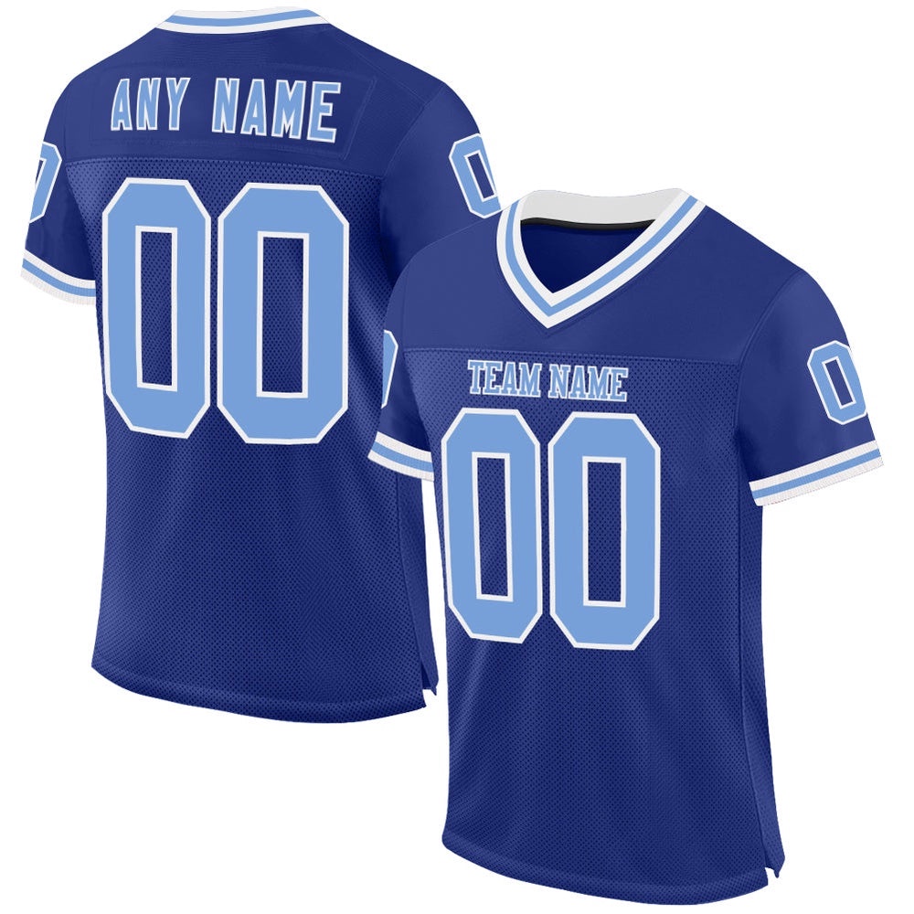 Royal Light Blue White Mesh Authentic Throwback Football Jersey, Personalized Football Jersey, Football Team Jersey, Football Outfits