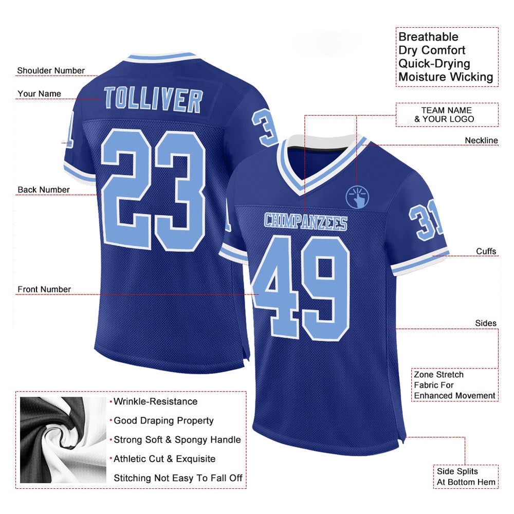 Royal Light Blue White Mesh Authentic Throwback Football Jersey, Personalized Football Jersey, Football Team Jersey, Football Outfits