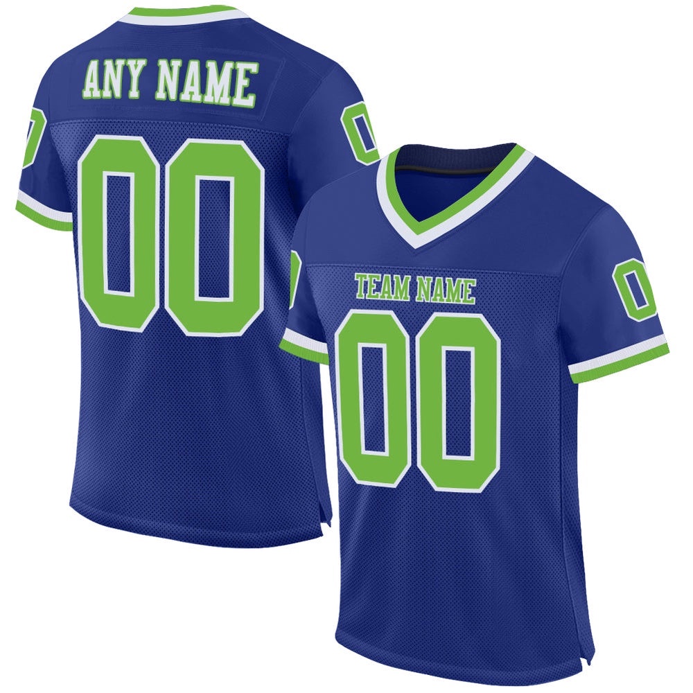 Royal Neon Green White Mesh Authentic Throwback Football Jersey, Personalized Football Jersey, Football Team Jersey, Football Outfits
