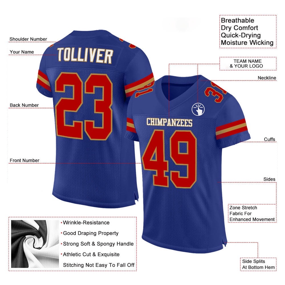 Royal Red Old Gold Mesh Authentic Football Jersey, Personalized Football Jersey, Football Team Jersey, Football Outfits