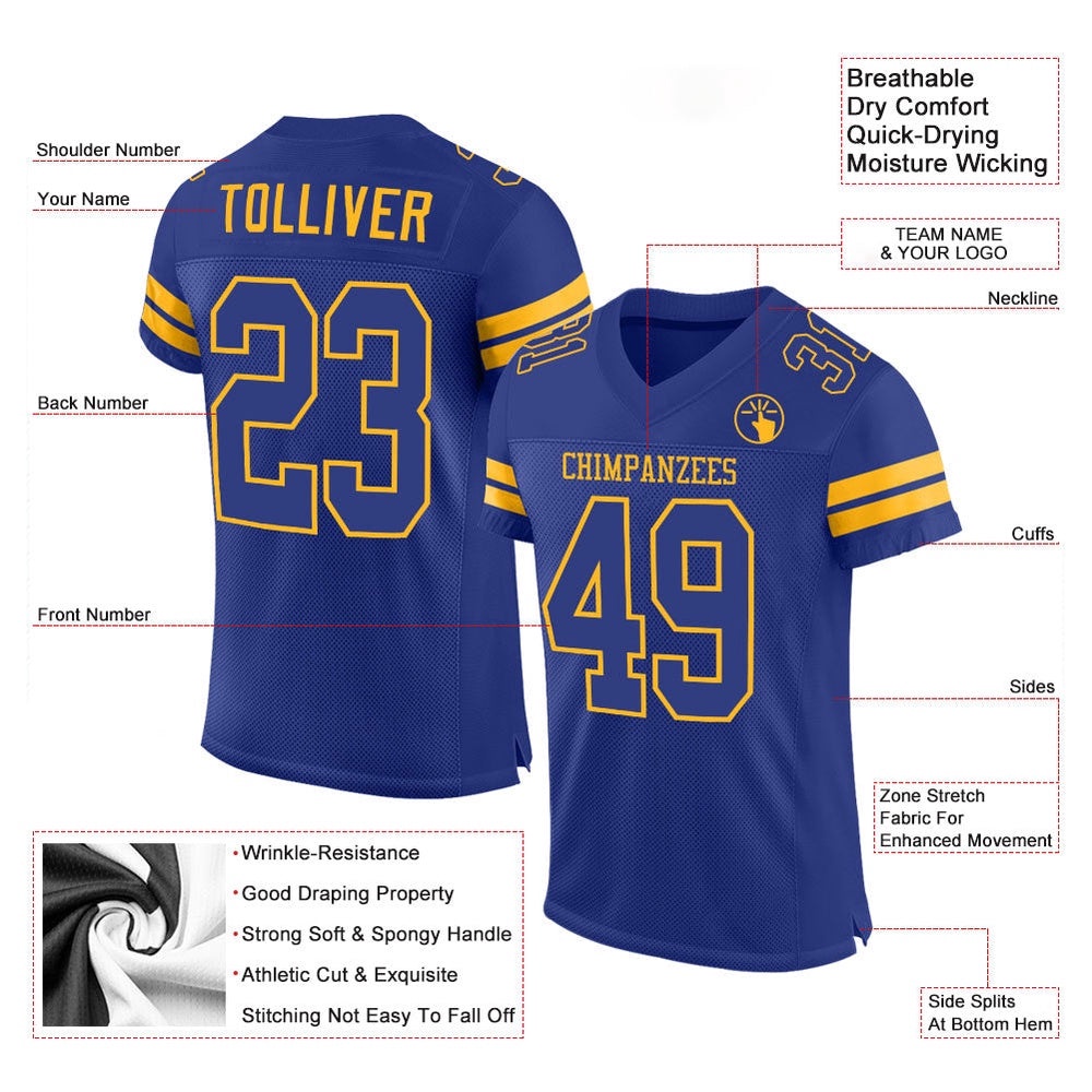 Royal Royal Gold Mesh Authentic Football Jersey, Personalized Football Jersey, Football Team Jersey, Football Outfits