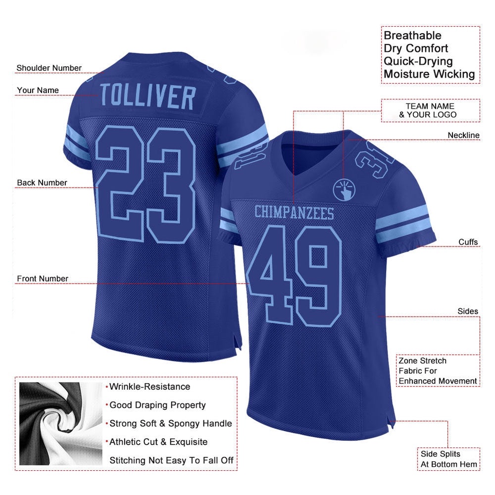 Royal Royal Light Blue Mesh Authentic Football Jersey, Personalized Football Jersey, Football Team Jersey, Football Outfits