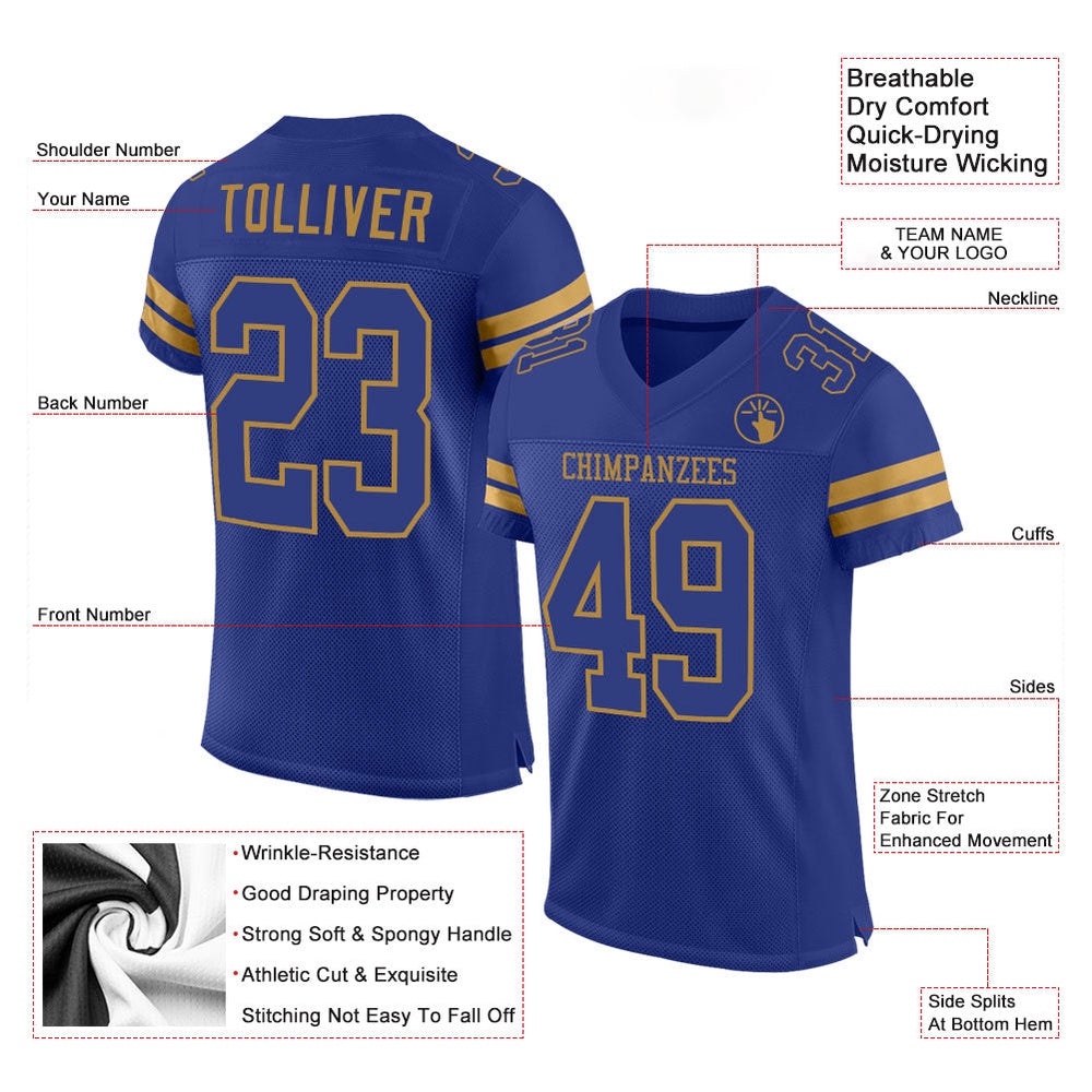 Royal Royal Old Gold Mesh Authentic Football Jersey, Personalized Football Jersey, Football Team Jersey, Football Outfits