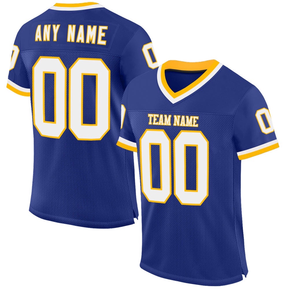 Royal White Gold Mesh Authentic Throwback Football Jersey, Personalized Football Jersey, Football Team Jersey, Football Outfits