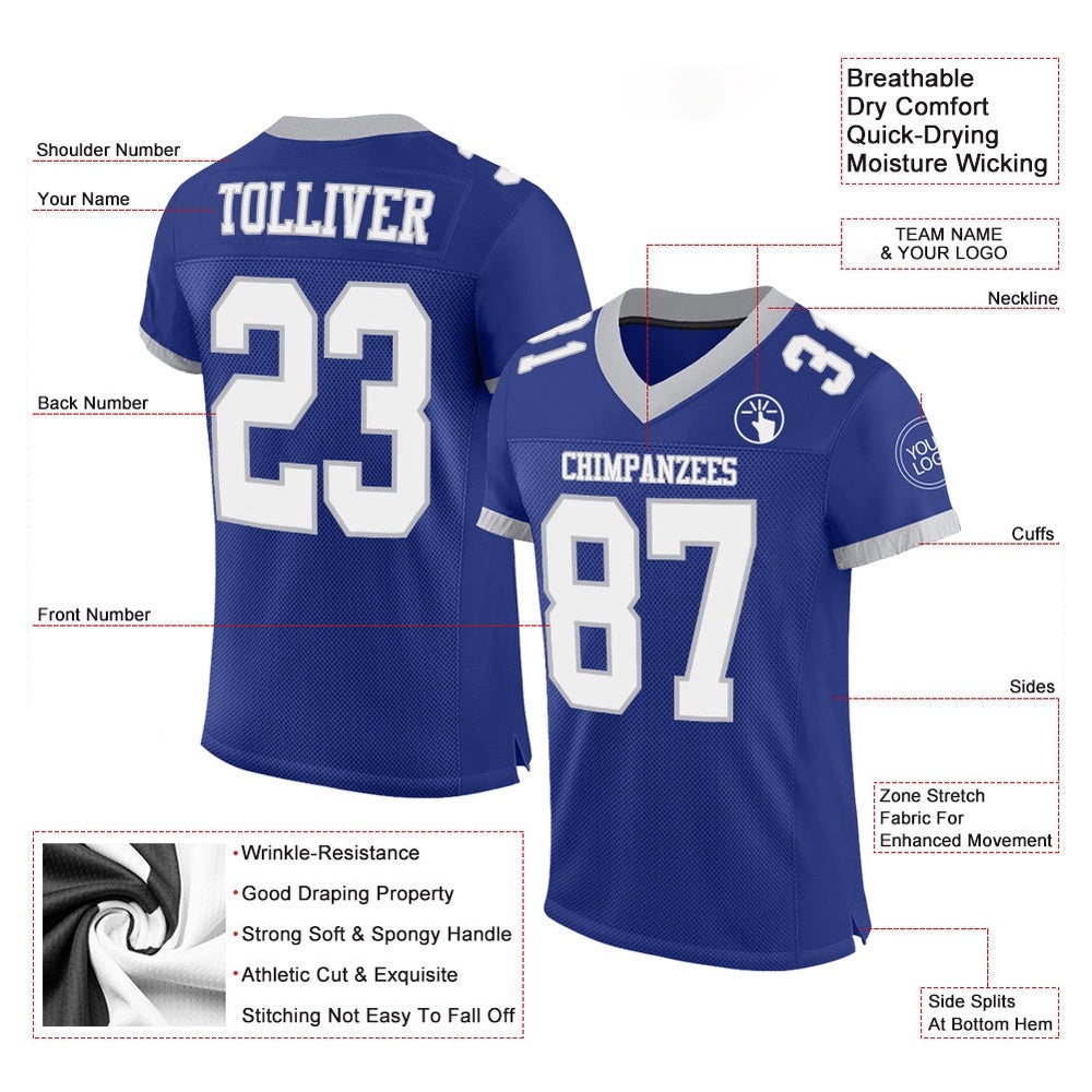 Royal White Gray Mesh Authentic Football Jersey, Personalized Football Jersey, Football Team Jersey, Football Outfits
